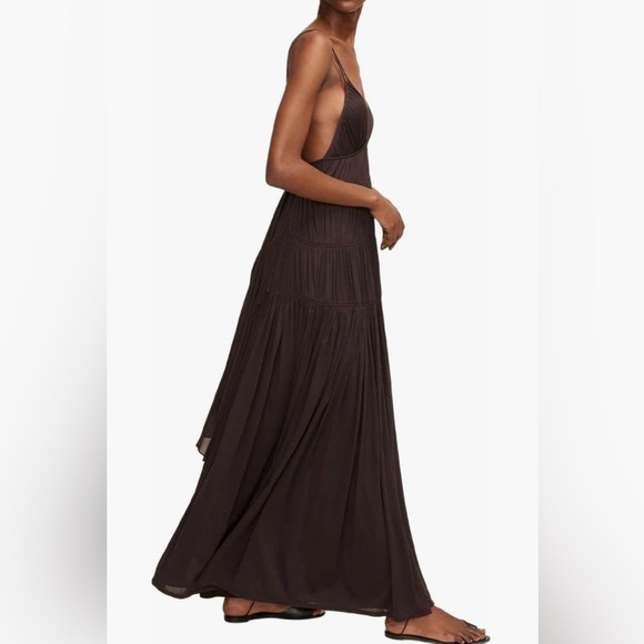 Rebecca Taylor NWT Sz 6 Ruched Mesh Maxi Dress with Adjustable Tie Waist- Walnut - Picture 3 of 5
